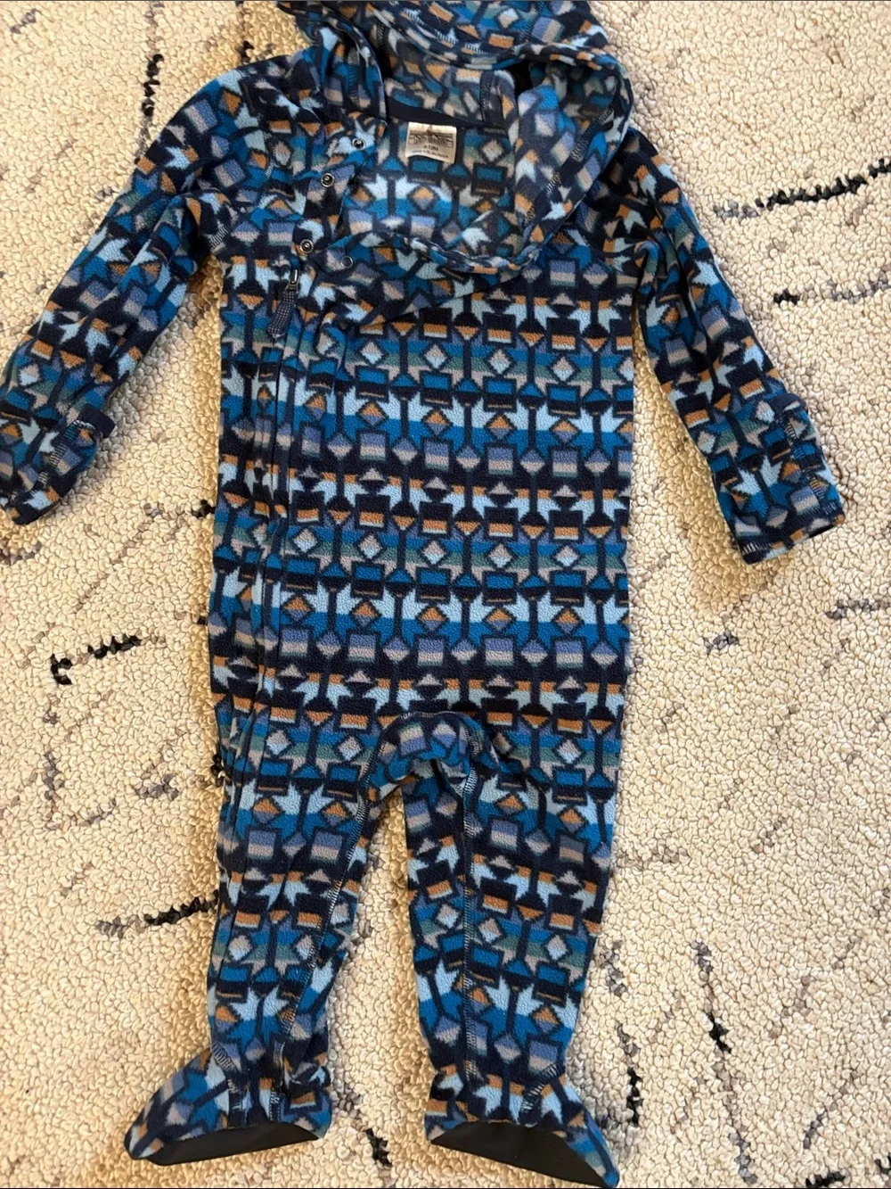 Patagonia Blue Geometric Hooded Fleece Romper 6-12m EUC